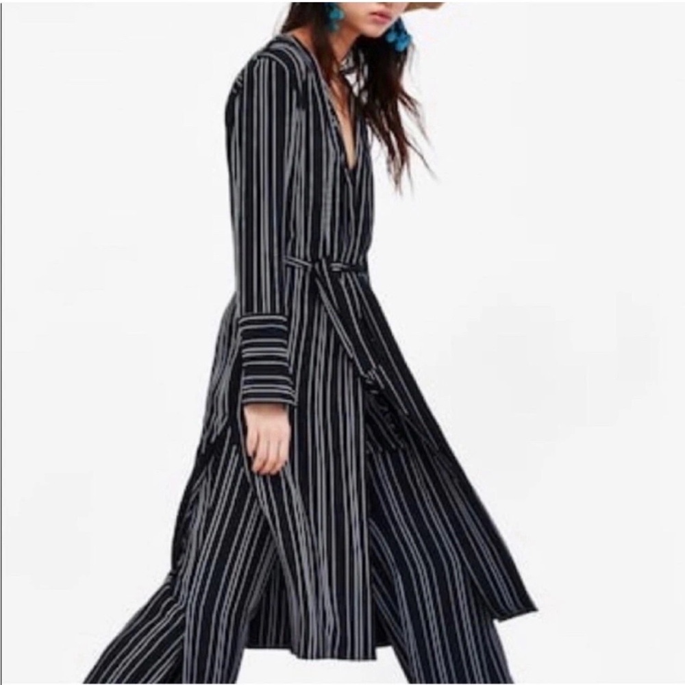 Zara Navy and White Striped Matching Coord Wrap Duster & Pants Set